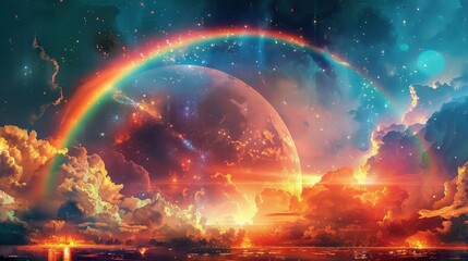 Rainbow Transforms Into a Dreamlike Paradise With Surreal Elements and Vibrant Cosmic Colors in a Whimsical Sky