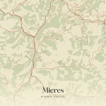 Retro Spanish map of Mieres, Principado de Asturias. Vintage street map.