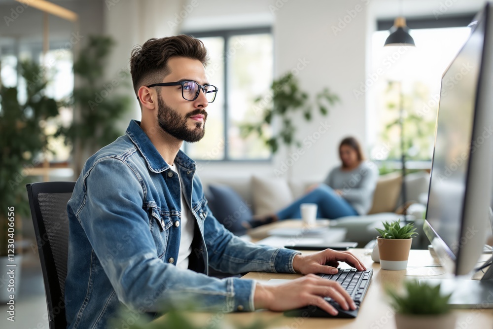 Aufkleber Focused man working on computer in modern office with greenery in background.