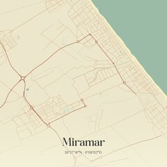 Retro Spanish map of Miramar, Comunidad Valenciana. Vintage street map.