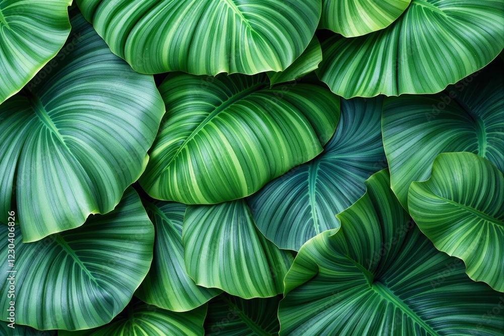 Poster close-up view of vibrant green tropical leaves with intricate vein patterns on a dark background.