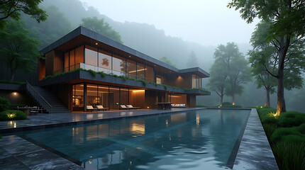 Fototapeta premium Modern Luxury Mansion with Pool Surrounded by Lush Greenery and Warm Ambient Lighting in a Serene Setting