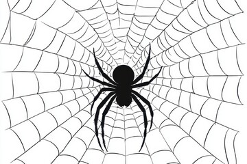 Fototapeta premium Spider web with a black spider in the center . . A spider is positioned in the center of a web, highlighting the intricate patterns woven by its skilled legs.