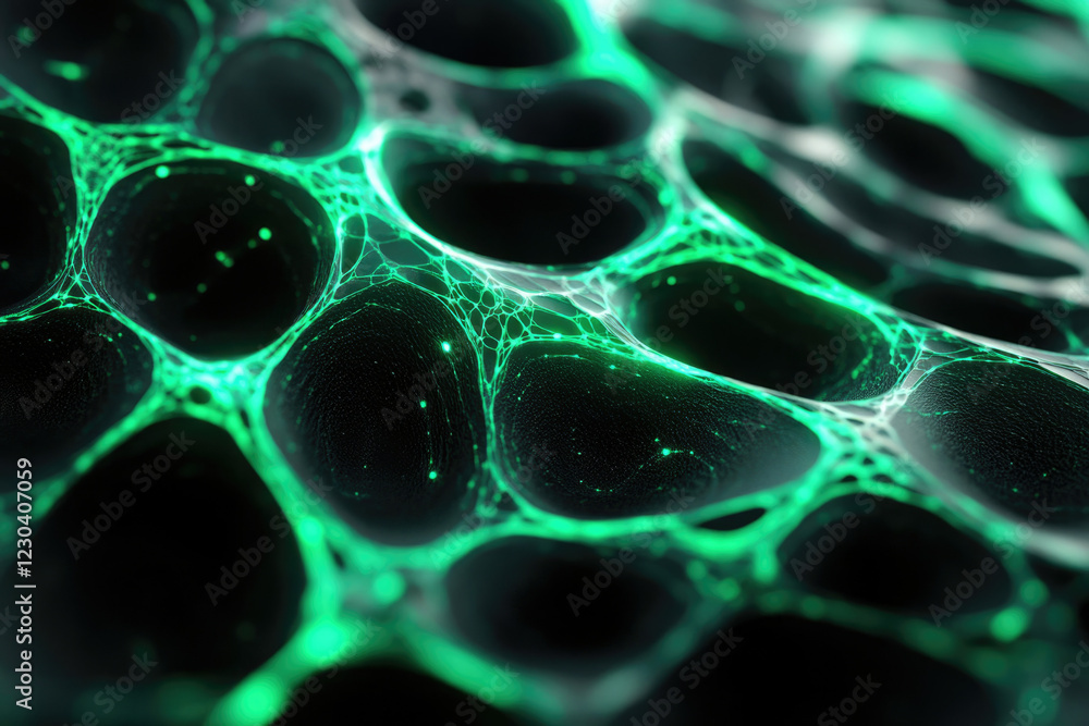 Poster Abstract green glowing network, interconnected nodes forming a complex, undulating surface.
