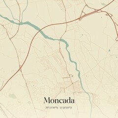 Retro Spanish map of Moncada, Comunidad Valenciana. Vintage street map.