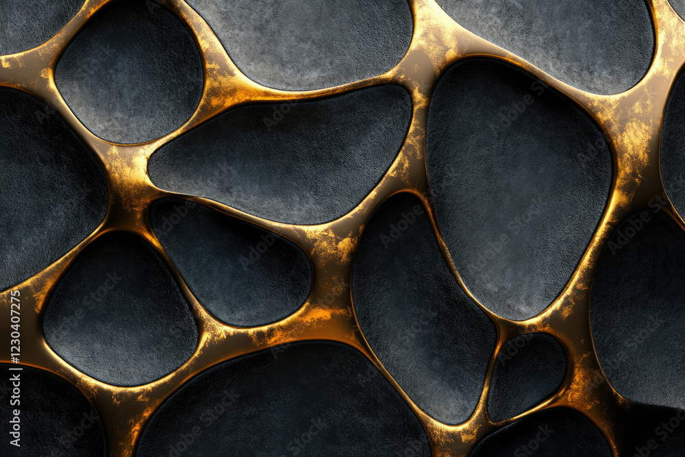 Aufkleber abstract 3d render of a gold and black organic texture, resembling a network of interconnected shape