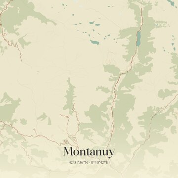 Retro Spanish map of Montanuy, Arag�n. Vintage street map.