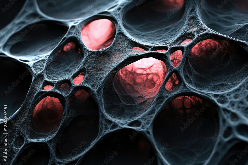 Poster abstract 3d rendering of a dark, porous, organic structure with glowing red interiors.