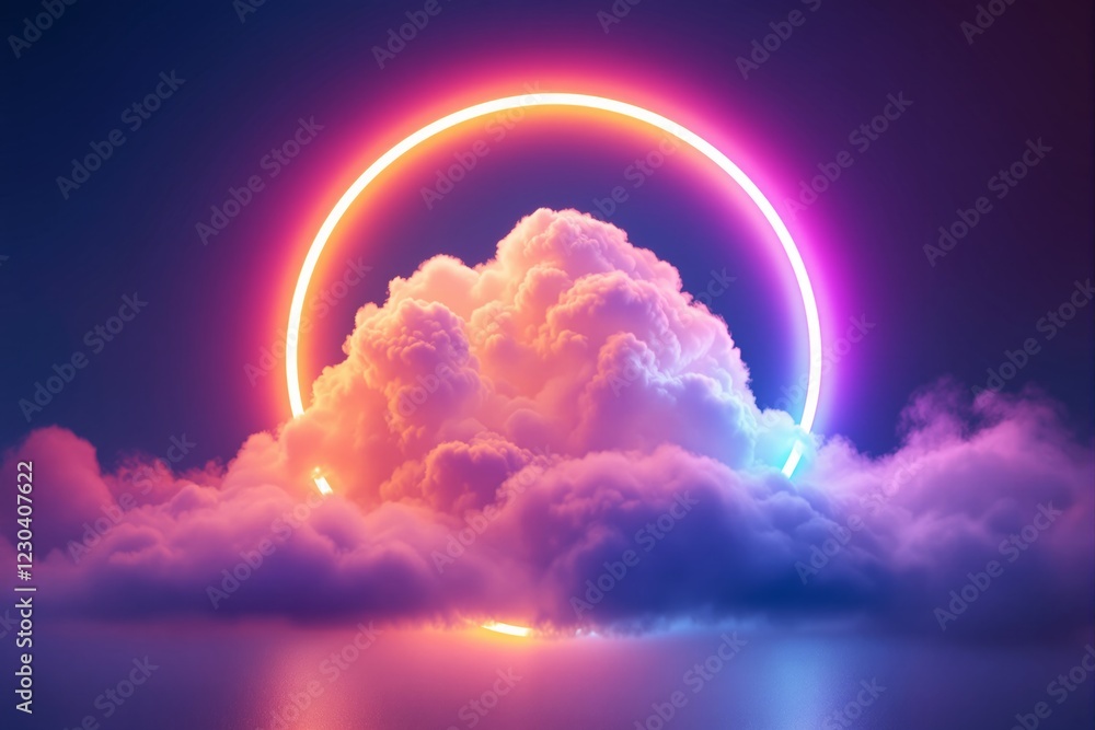 Poster Vibrant glowing neon circle behind colorful fluffy clouds on a serene, reflective surface.