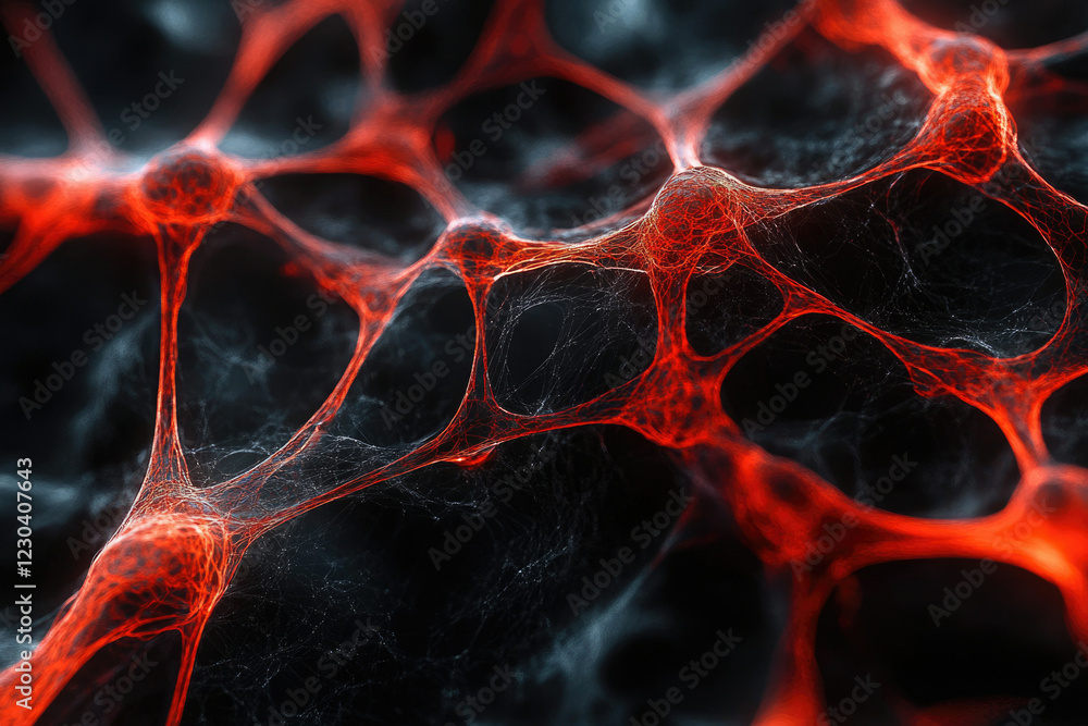 Poster Intricate network of glowing red fibers resembling a complex neural system or web-like structure.
