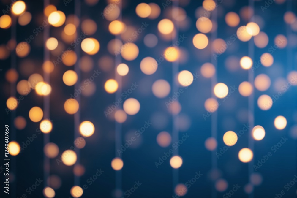 Poster abstract background with blurred golden bokeh lights on dark blue backdrop.