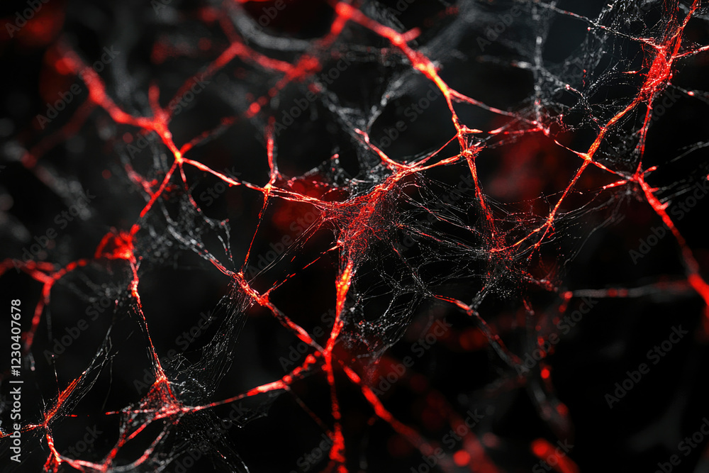 Leinwandbilder intricate spiderweb illuminated with red light, creating a dark, dramatic, and textured image.