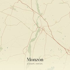 Retro Spanish map of Monz�n, Arag�n. Vintage street map.