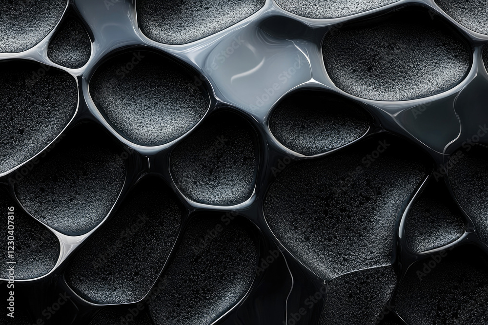 Aufkleber Abstract 3D render of a dark, glossy, organic, textured surface with irregular shapes and bubbles.