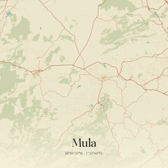 Fototapeta premium Retro Spanish map of Mula, Regi�n de Murcia. Vintage street map.