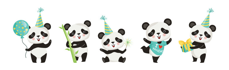 Cute Panda Character Engaged in Different Activity Vector Set