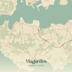 Retro Spanish map of Mugardos, Galicia. Vintage street map.