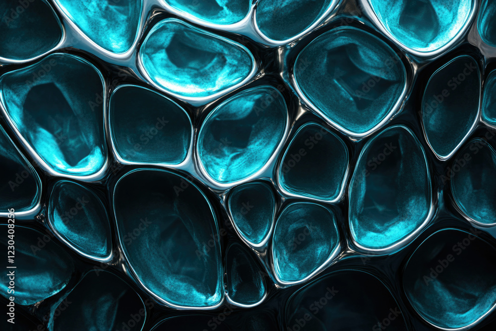 Poster abstract image of interconnected, teal, glossy, organic shapes resembling a liquid or cellular struc