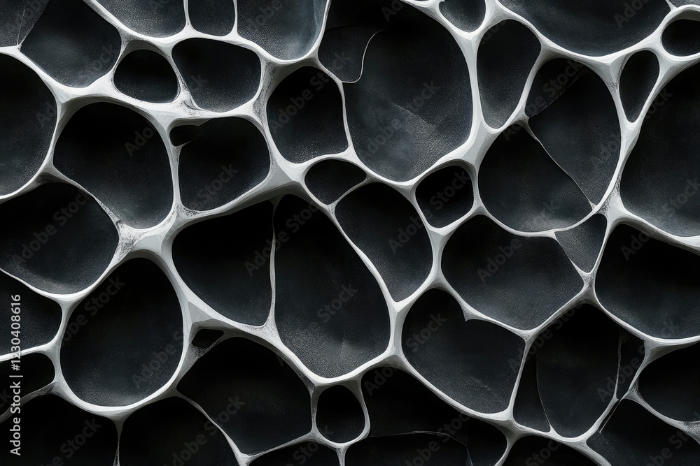 Poster Abstract monochrome image depicting a complex, interwoven network of organic shapes resembling a porous structure.