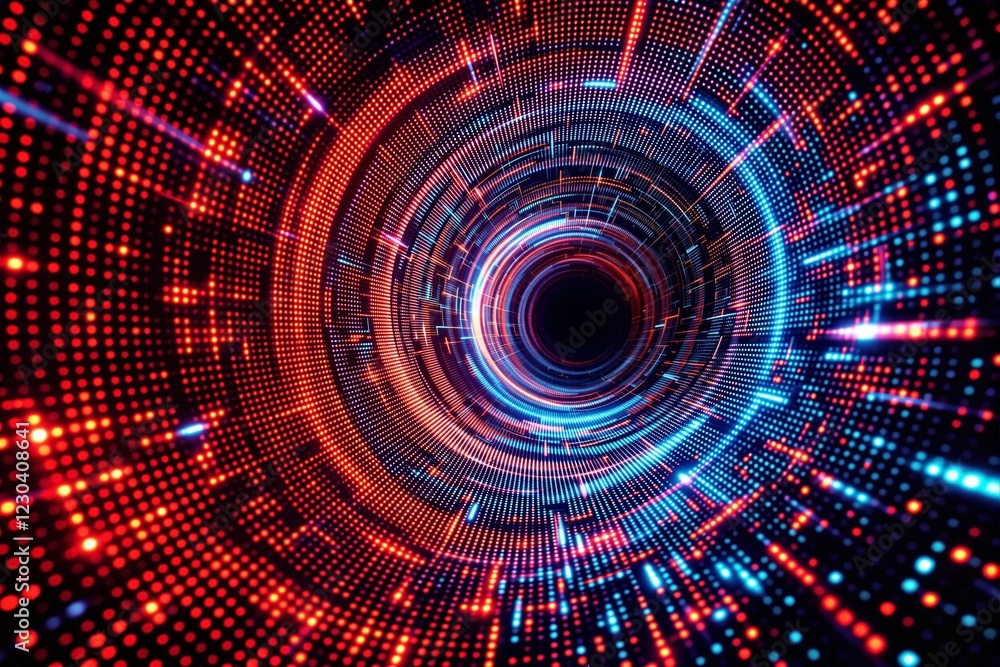 Poster Abstract futuristic tunnel with concentric circles of glowing red and blue light on a dark background.