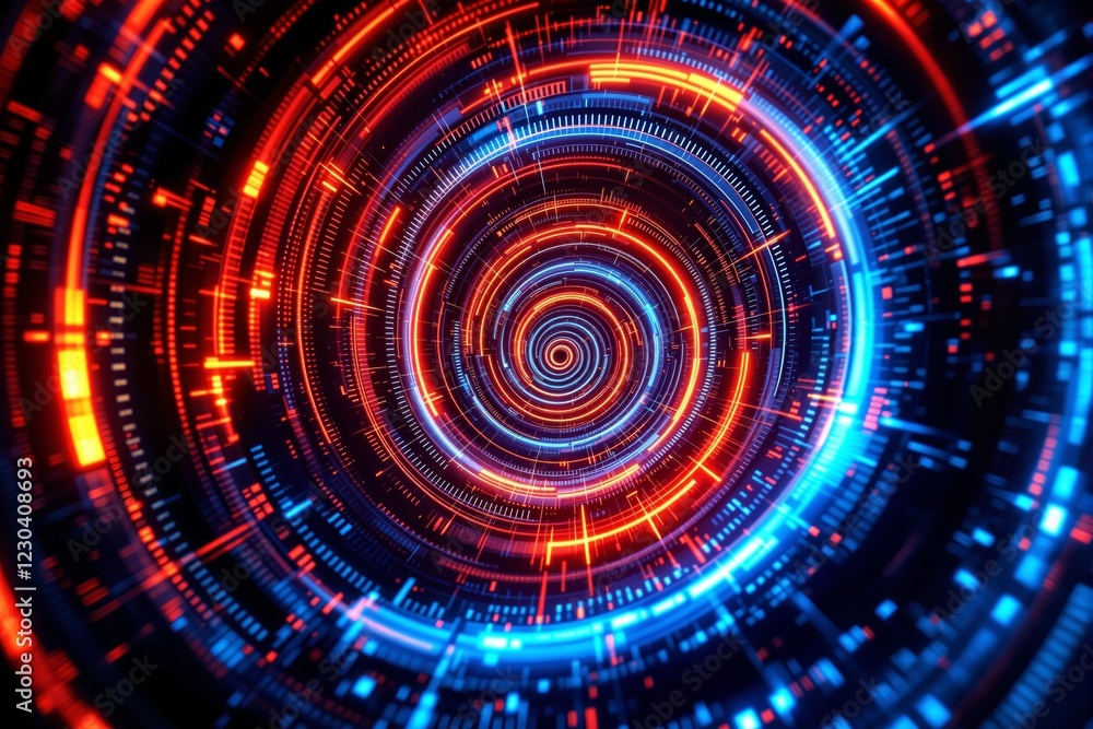 Poster abstract glowing spiral with red and blue light effects.
