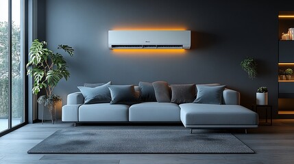 Modern living room with a stylish gray sofa, decorative pillows, and ambient lighting