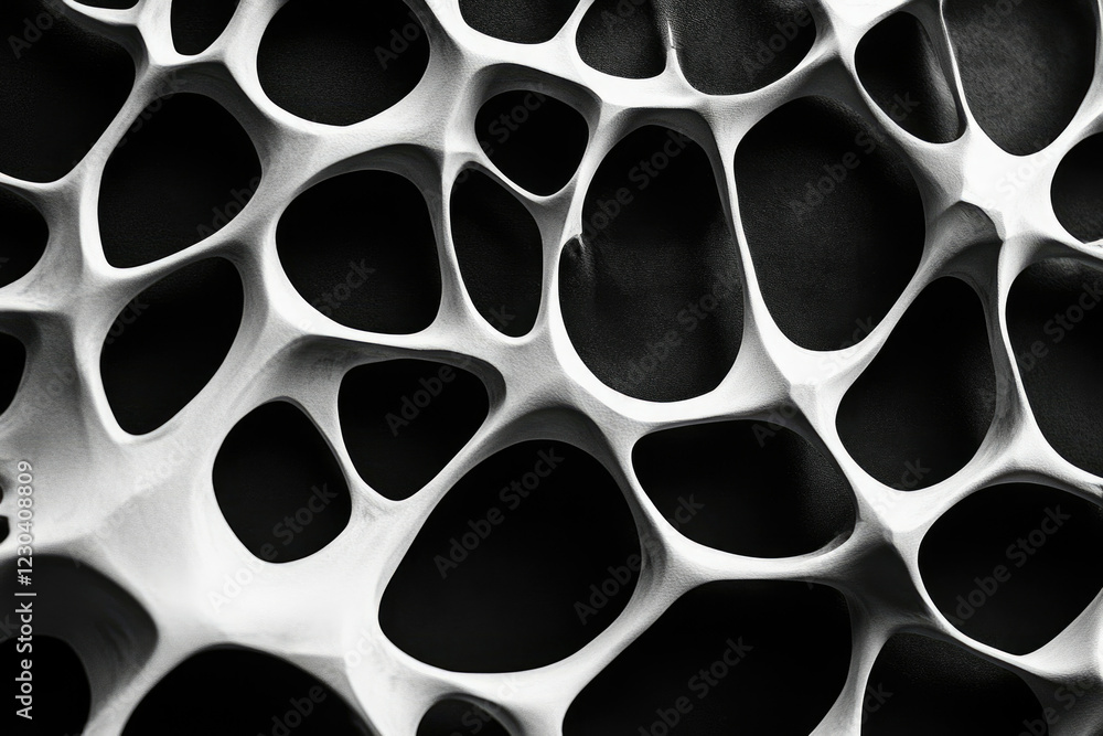 Poster Abstract monochrome image of a complex, interconnected, organic, porous structure resembling a network or a sponge.
