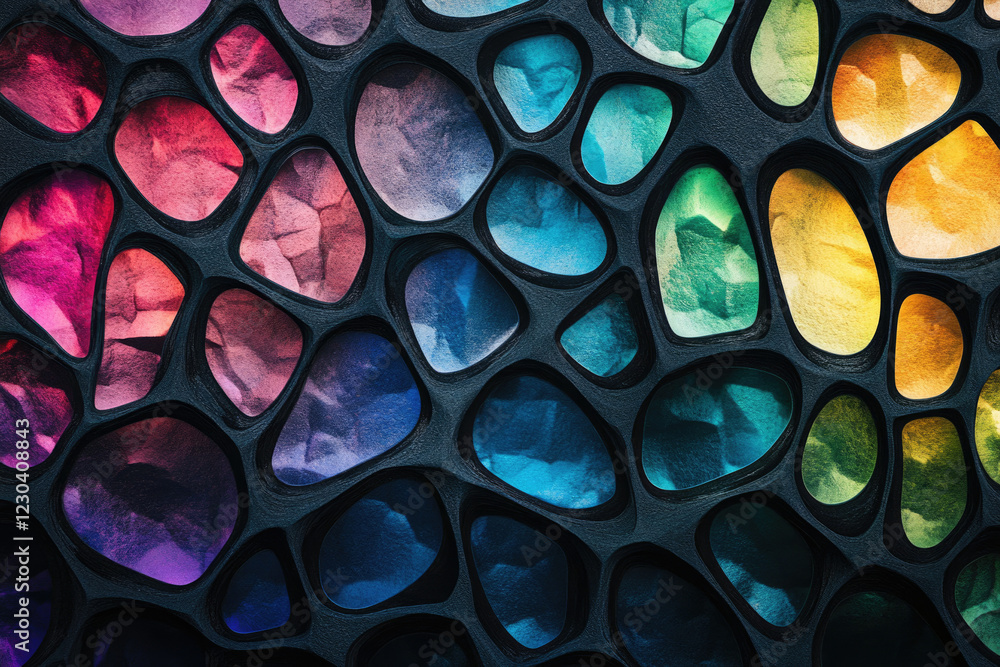 Poster abstract colorful pattern of interconnected organic shapes, resembling a vibrant stained-glass windo