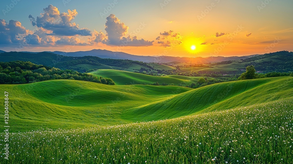 Poster rolling green hills stretch towards the horizon, illuminated by the radiant glow of a setting sun. f