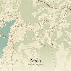 Retro Spanish map of Neda, Galicia. Vintage street map.