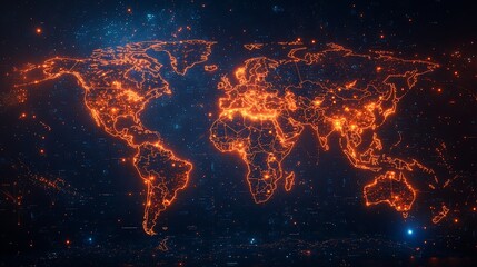 Abstract digital world map with glowing orange lines representing global connections