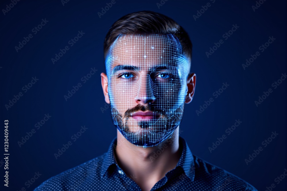 Poster abstract facial recognition technology concept with blue light grid pattern on man's face, dark back