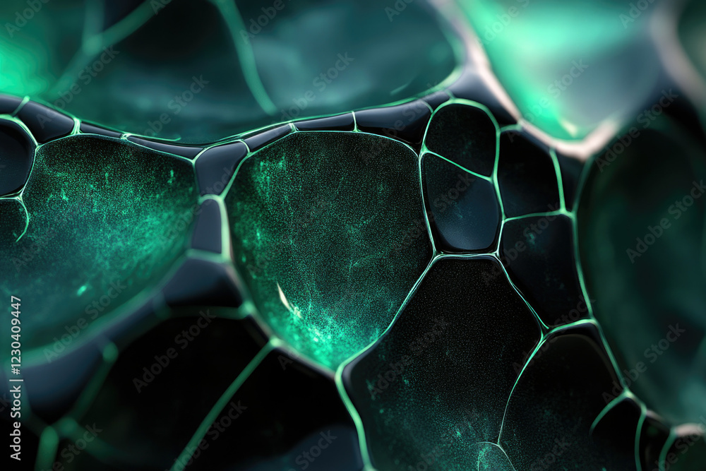 Leinwandbilder Abstract close-up of a dark, glossy surface with a network of glowing green veins forming cellular structures.