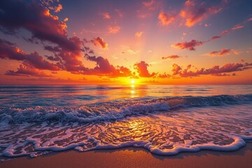 Stunning sunset over ocean with dramatic clouds and gentle waves on sandy shore.