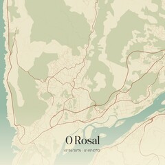 Retro Spanish map of O Rosal, Galicia. Vintage street map.