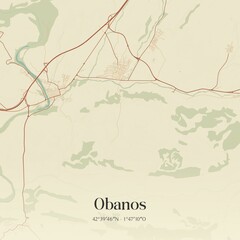 Retro Spanish map of Obanos, Comunidad Foral de Navarra. Vintage street map.