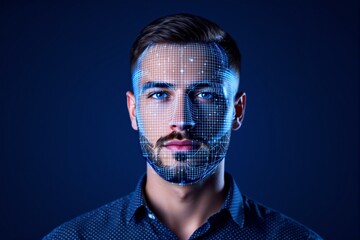 Abstract facial recognition technology concept with blue light grid pattern on man's face, dark background.