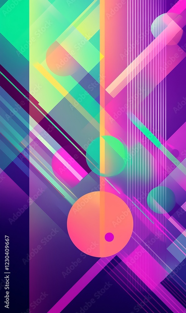 Poster dynamic abstract banner with diagonal lines and geometric shapes in vibrant purples, greens, and ora