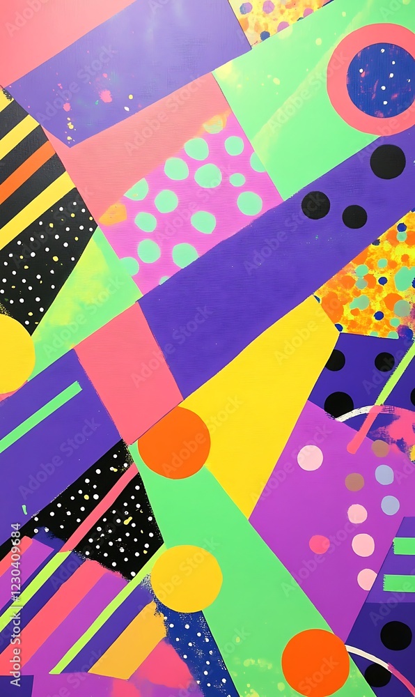 Poster dynamic abstract banner with diagonal lines and geometric shapes in vibrant purples, greens, and ora