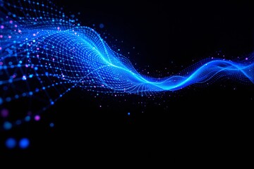 Abstract glowing blue wave with digital particles on black background.