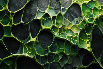 Abstract green and black organic network structure resembling cells or a futuristic landscape.