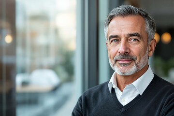 Obraz premium Portrait of a mature man with confident expression standing indoors in modern office setting with blurred glass background.