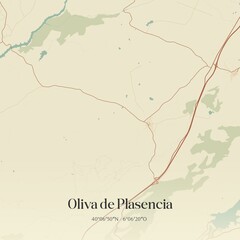 Retro Spanish map of Oliva de Plasencia, Extremadura. Vintage street map.