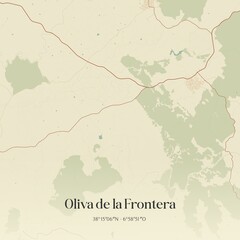 Retro Spanish map of Oliva de la Frontera, Extremadura. Vintage street map.