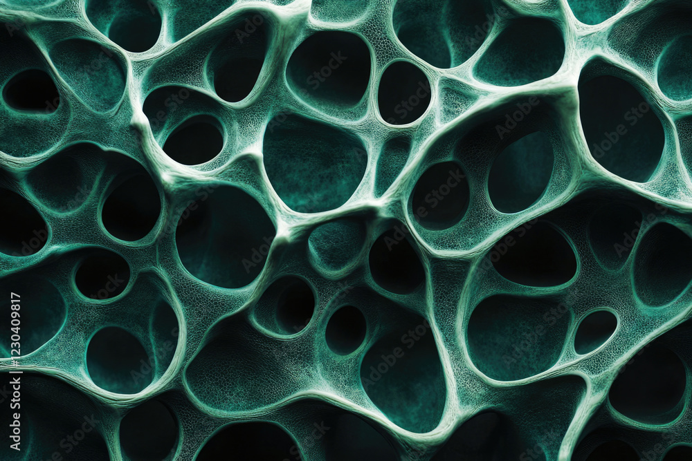 Poster Abstract teal image depicting a complex, porous, interconnected network resembling a bone structure or spongy material.