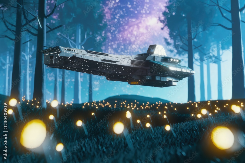 Poster futuristic spaceship hovering over a mystical forest at night, illuminated by glowing flora.