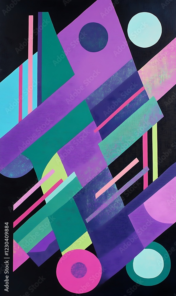 Poster dynamic abstract banner with diagonal lines and geometric shapes in vibrant purples, greens, and ora