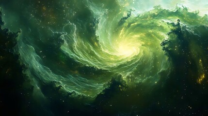 Fototapeta premium A green spiral galaxy with a yellow center