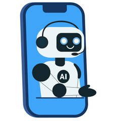Cute chatbot, robot greeting from mobile phone screen. Innovation, science and support concept. Chatbot. Vector illustration