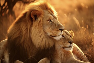 Fototapeta premium African Romance: Lions in Love in the Wild - A Beautiful Wildlife Portrait of Two Big Cats in Love on Safari in Africa